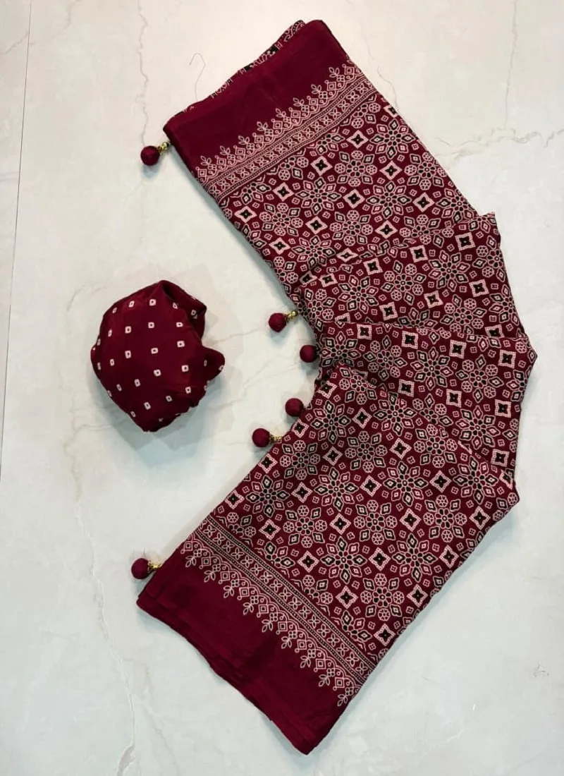 Tew Pure Creap Gajji Silk Ajrakh Printed Saree